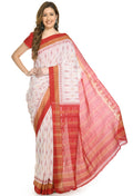 Vamika Sambalpuri Ikat Cotton Dehabandha Badafula White & Light Red Saree