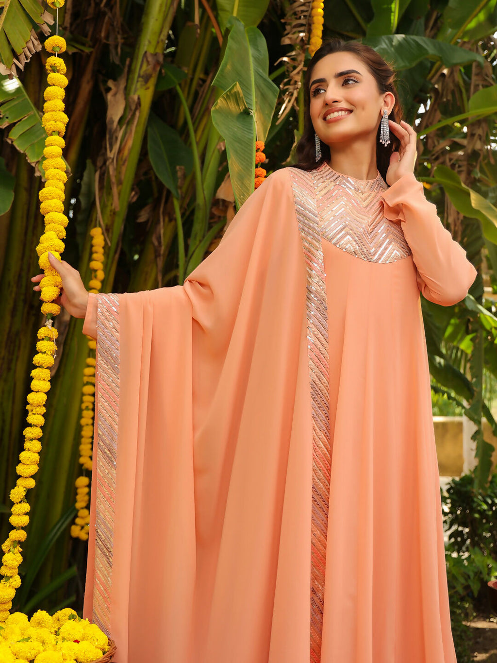 Janasya Peach Georgette Sequined Kurta,Bottom & Dupatta