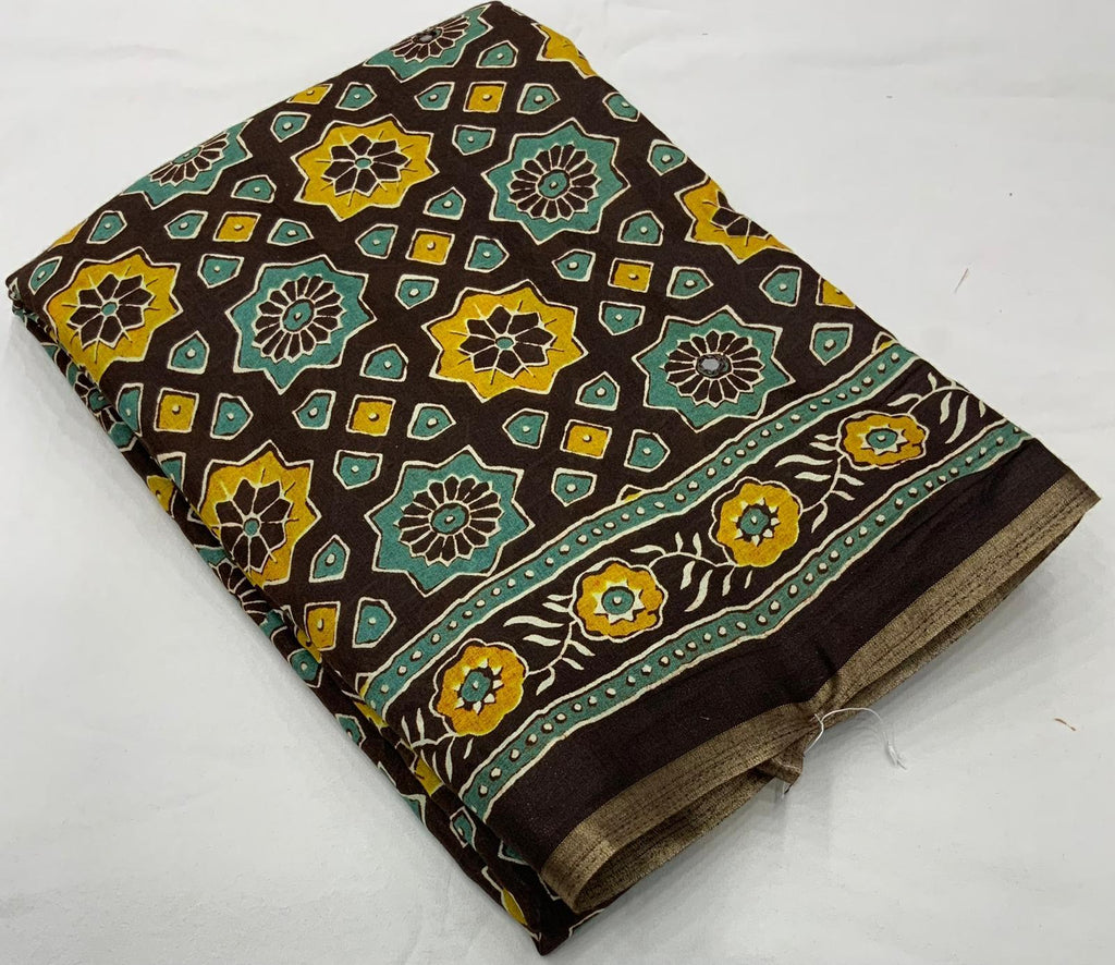 Coffee Cotton Blend Ajrak Saree with Unstitched Blouse - Hiral Fashion