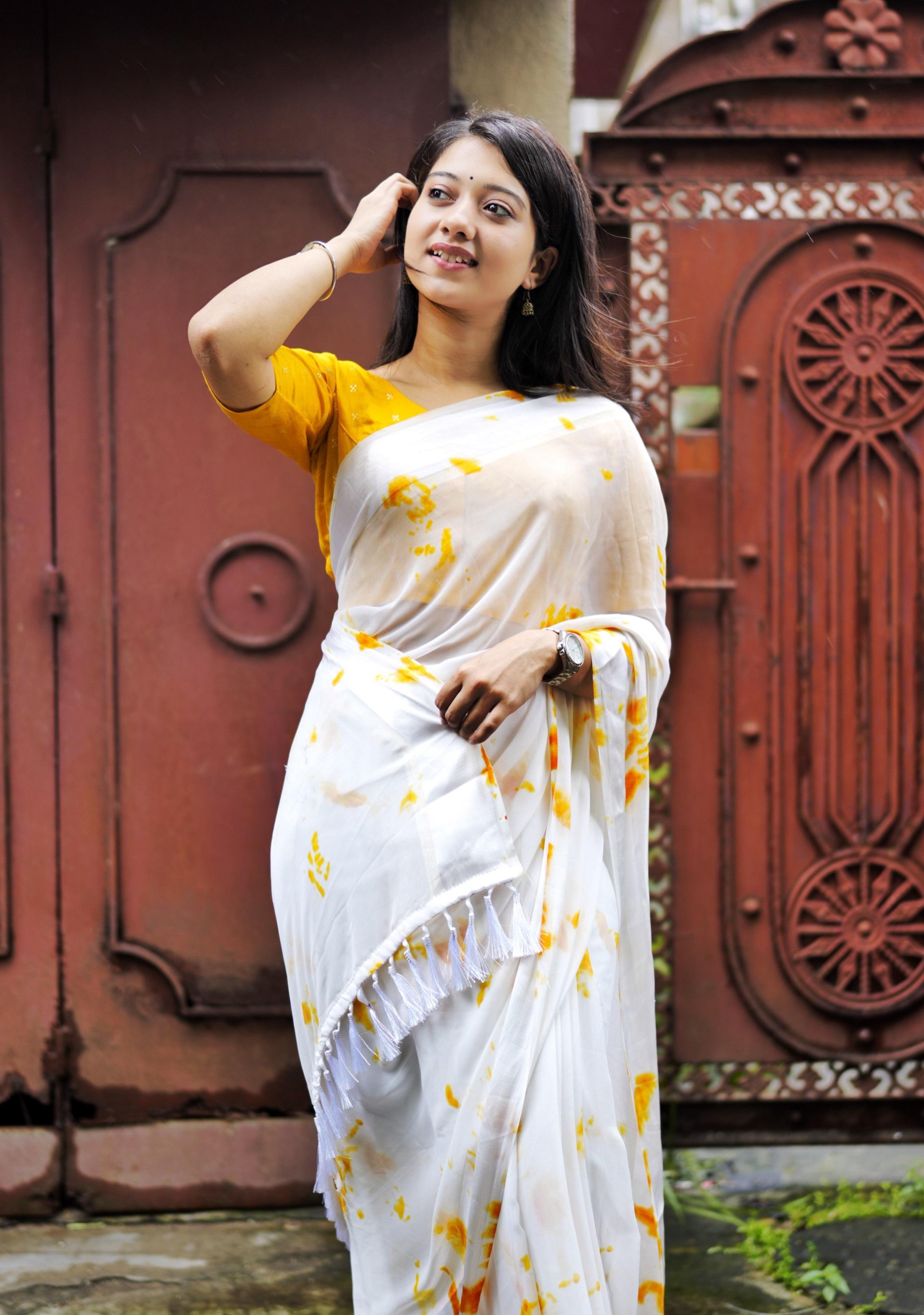 Yellow Poly Georgette Tie and Dye Saree with Unstitched Blouse - Hiral Fashion