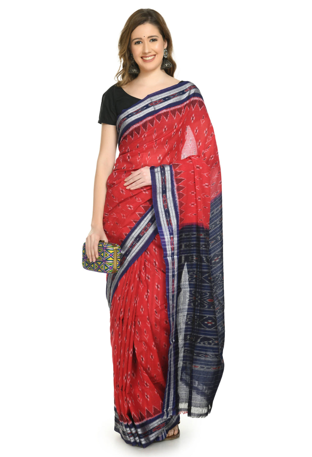 Vamika Sambalpuri Ikat Cotton Dehabandha Badafula Red & Blue Saree