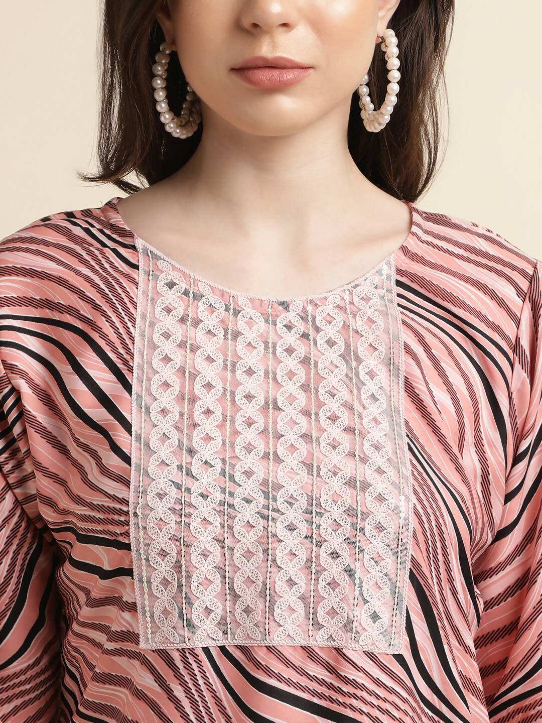 Peach Poly Crepe Digital Printed Top with Matching Bottom - Preeti