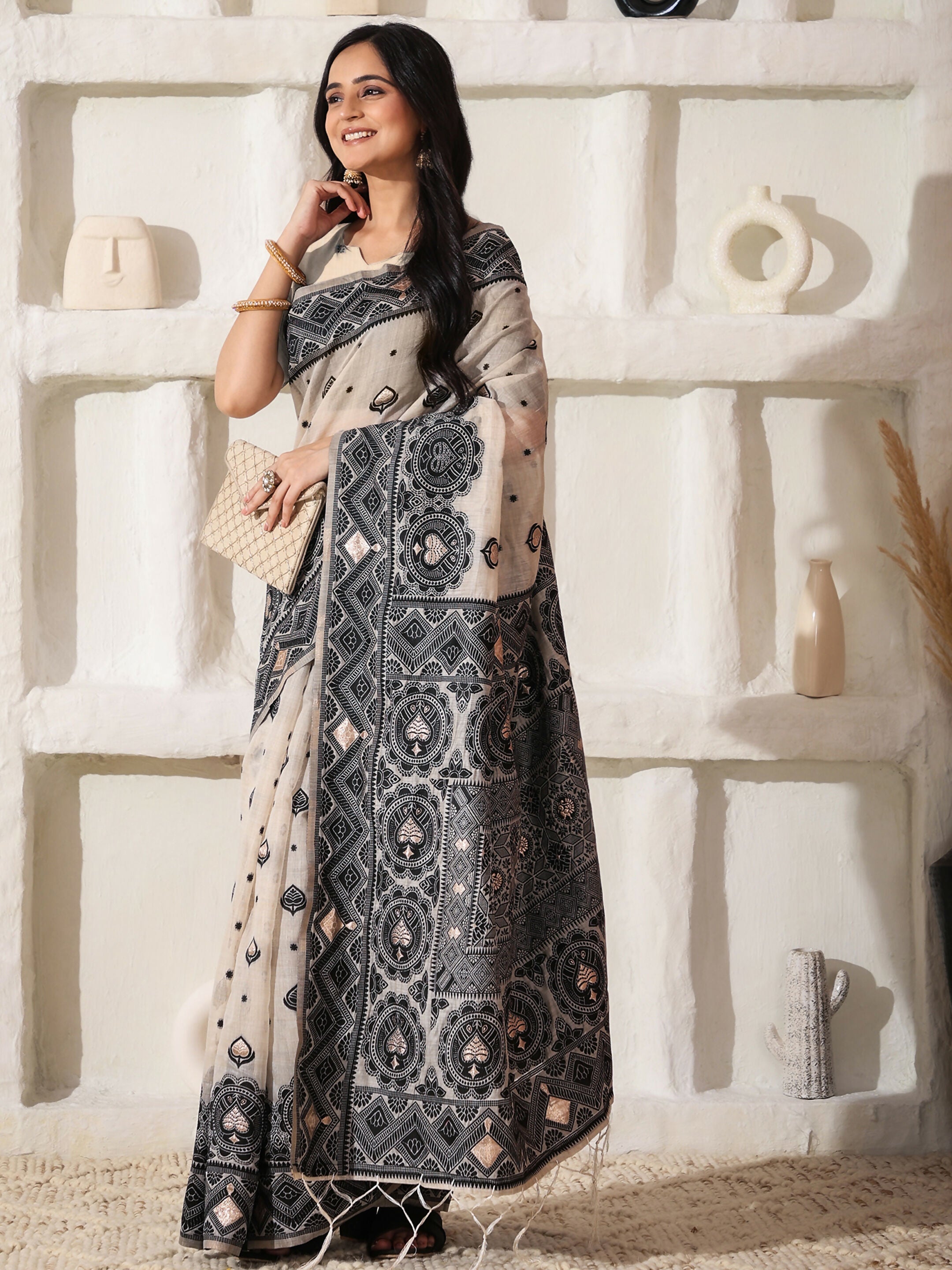 Shree Shyam Fashion Linen Cotton Black & Cream Saree