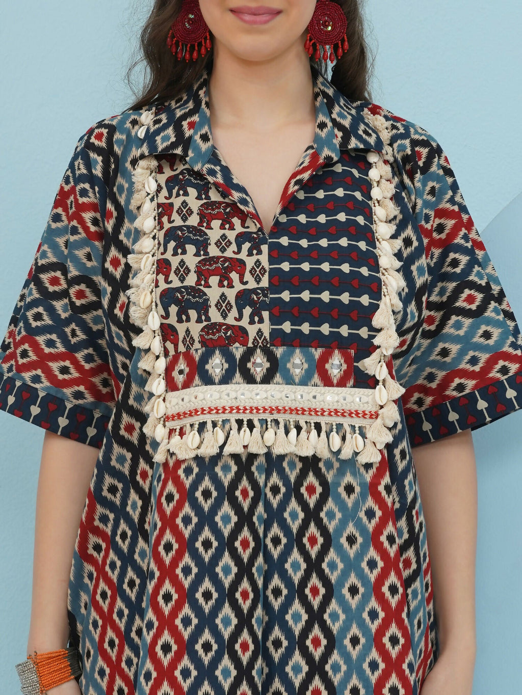 Joban Fashion Ikkat Kaftan Set - Blue Red