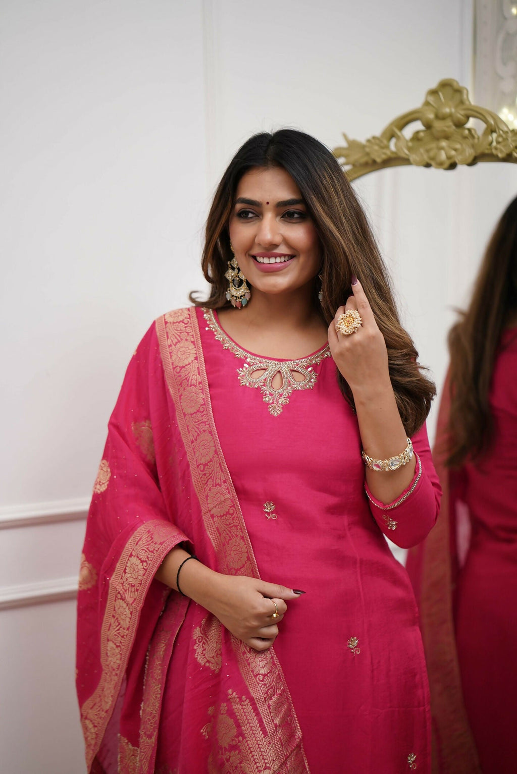The52 Gajri Women's Gorgeous Embroidered Viscose Chanderi Fabric Straight Kurta Pant with Dupatta Set