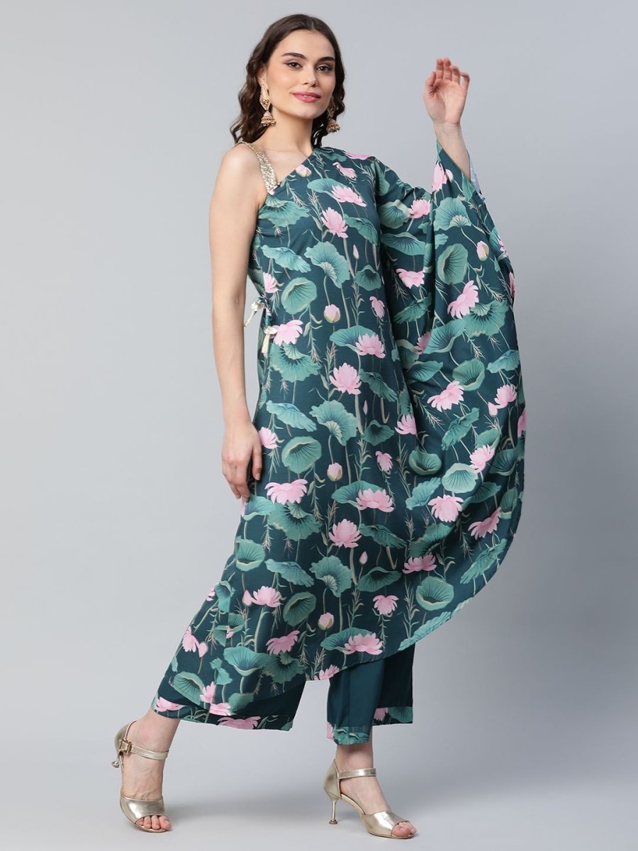 Ahalyaa Women Green Crepe Floral Printed Kurta with Palazzo Set