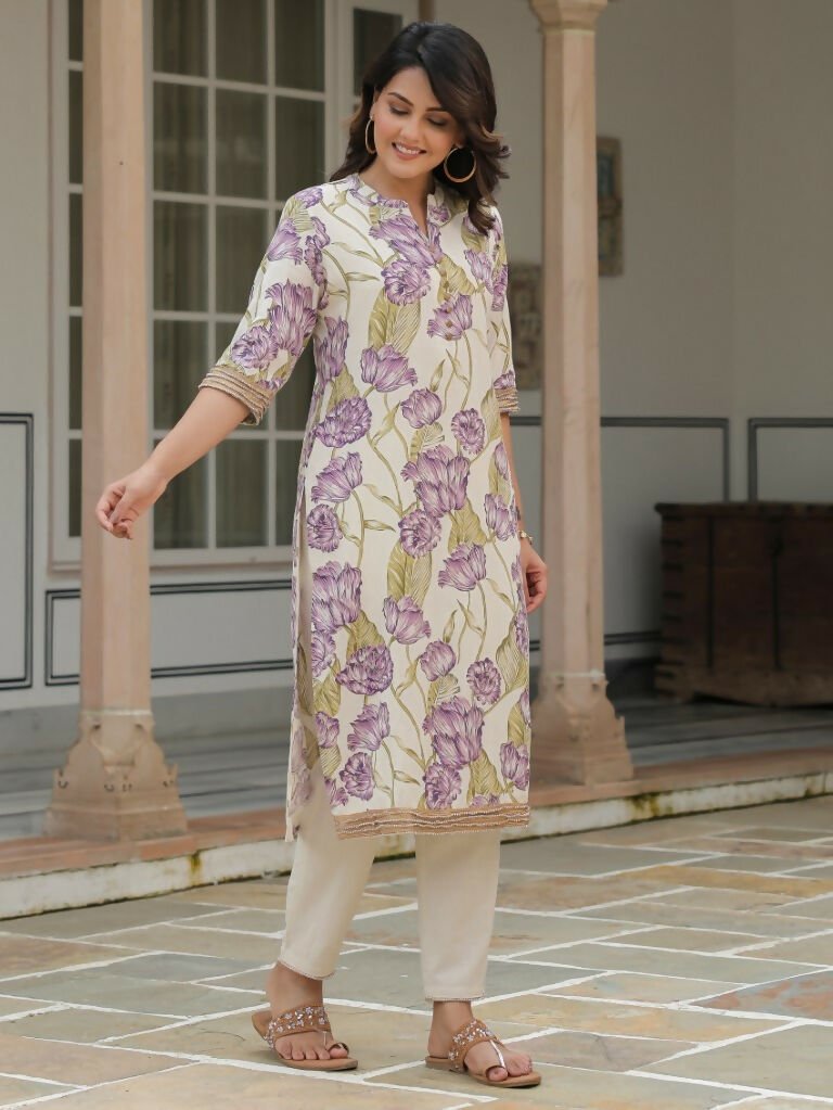 Aramya Straight Linen Cotton Floral Print Women's Kurta - Off White