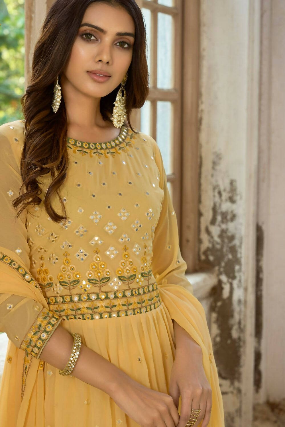Yellow Heavy Fox Georgette Embroidered Semi Stitched Suit - Dhvani
