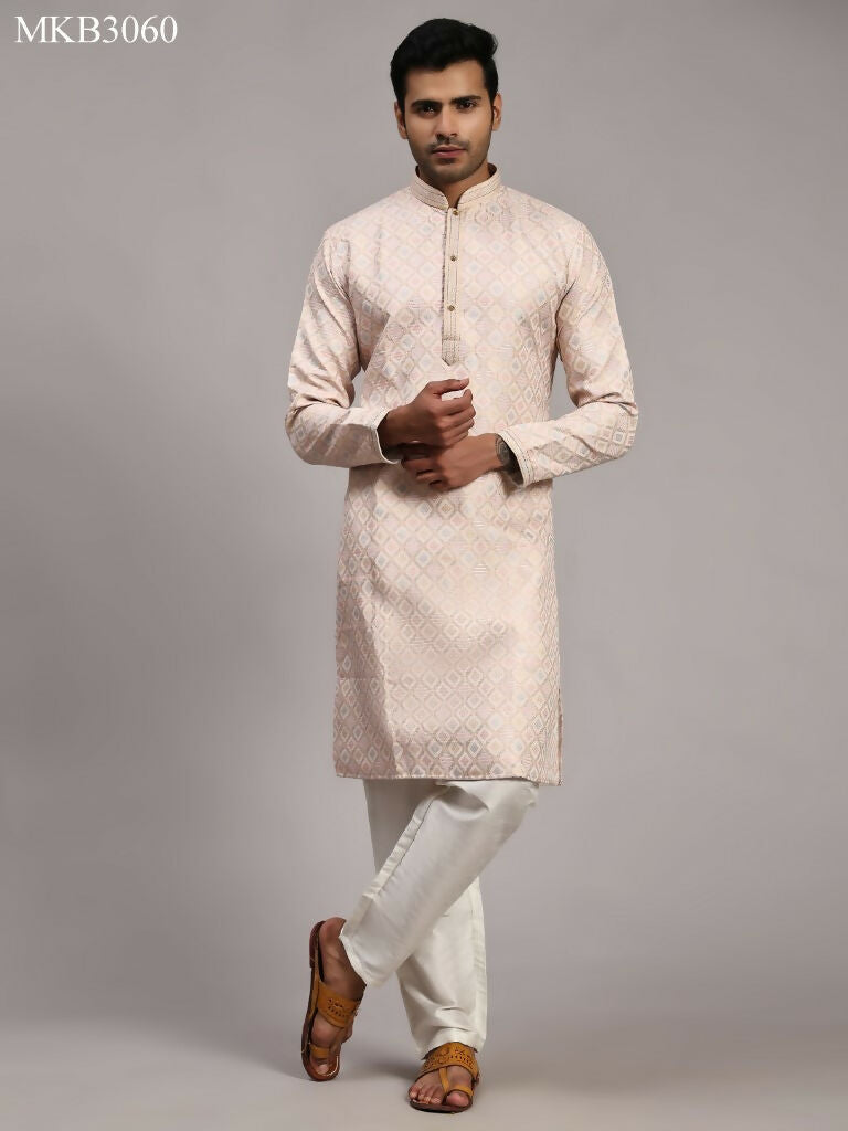 Pink Viscose Jacquard Woven Jacquard Designer Men's Rajwadi Kurta Set - Mahotsav