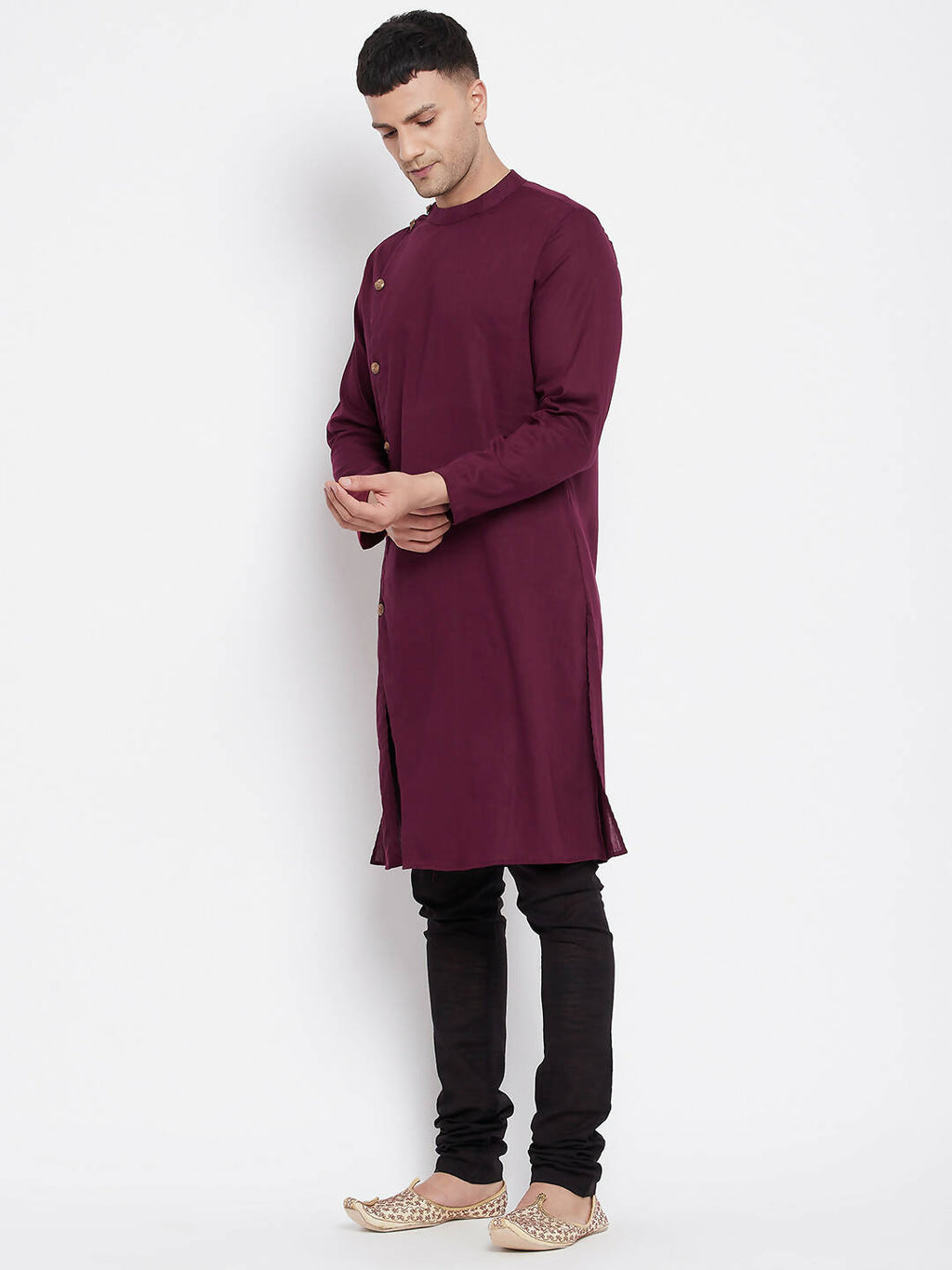 Even Apparels Maroon Pure Cotton Men's Sherwani Kurta With Asymetrical Cut