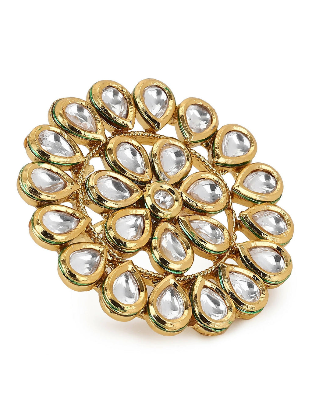 Gold-Polished White Kundan-Studded Adjustable Finger Ring - Ruby Raang