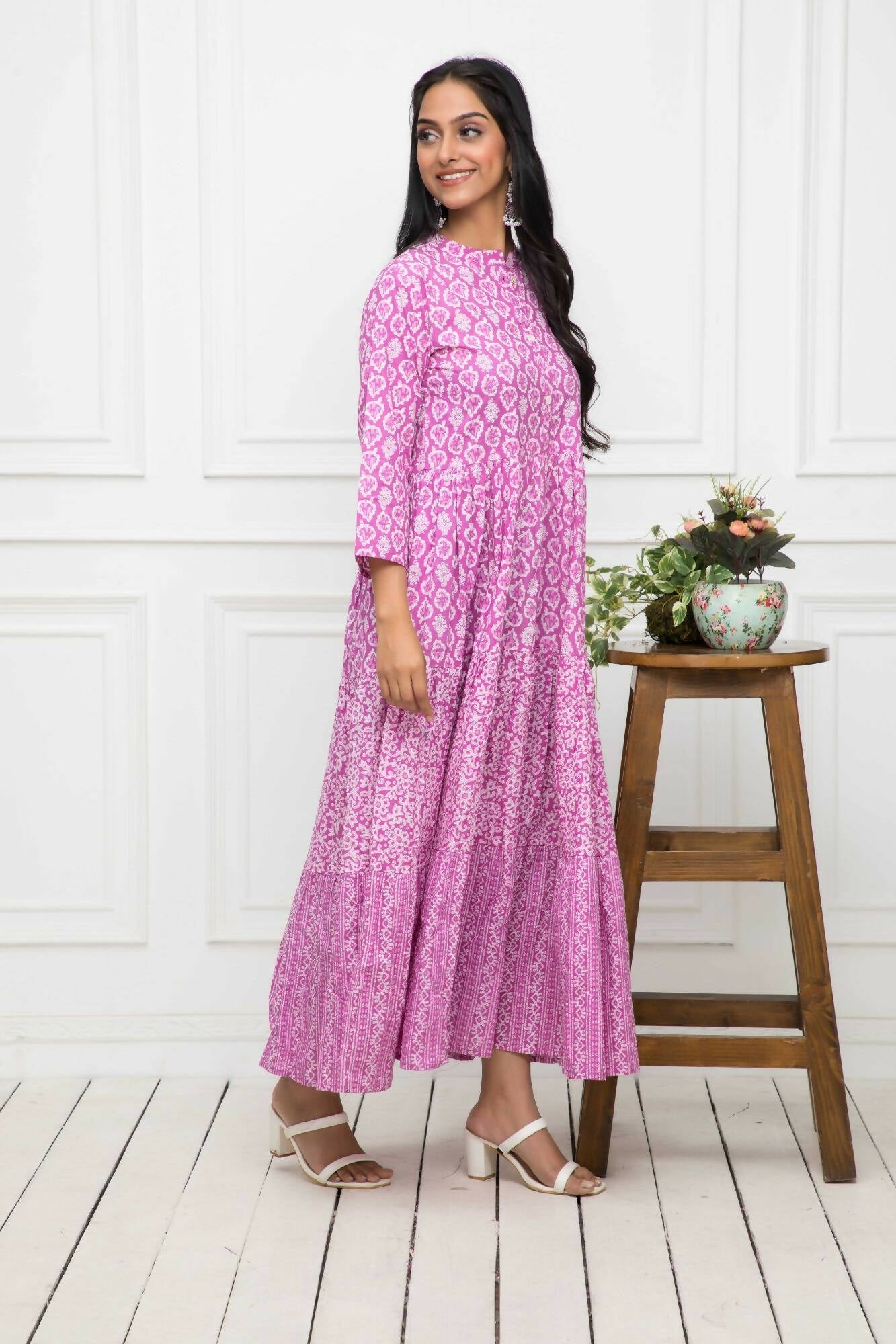 Myshka Women Pink Floral Cotton A-Line Mandarin Collar Long Dress