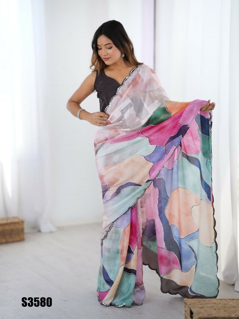 Multi Chinon Designer Digital Printed,Mirror Cut Work Saree - Sohni