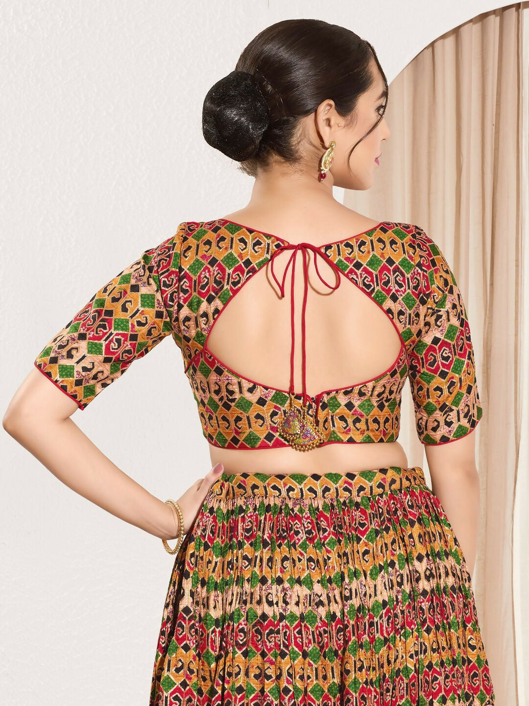 Joban Fashion Red Brocade Padded Blouse With Sweetheart Neck Elbow Sleeves
