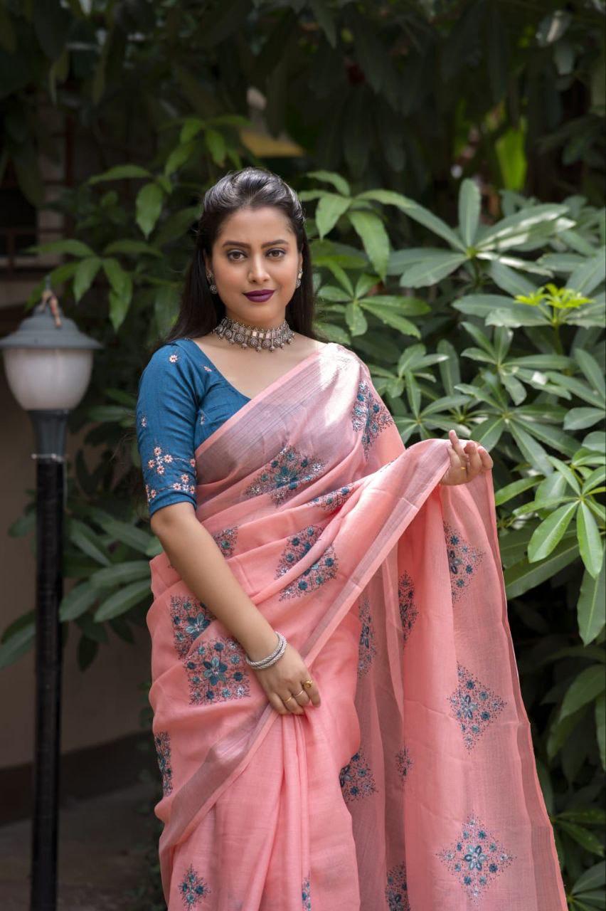 Brick Pure Linen Ethnic Motifs Saree with Unstitched Blouse - A2M