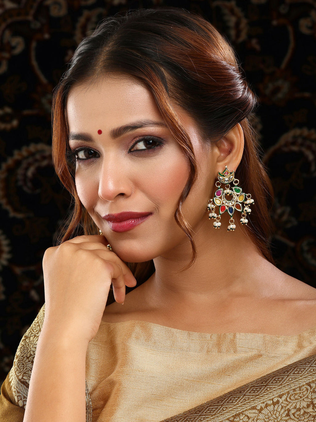 Ruby Raang Gold Polished Multi-Color Navratan Kundan Earrings