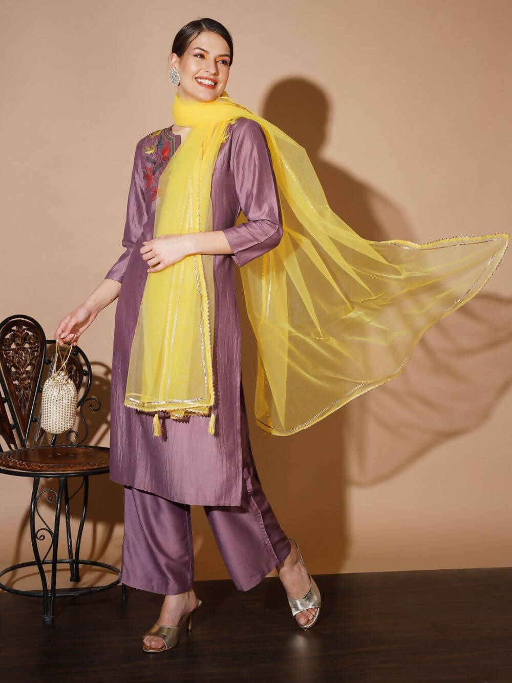 Myshka Mauve Solid Kurta & Palazzos With Dupatta