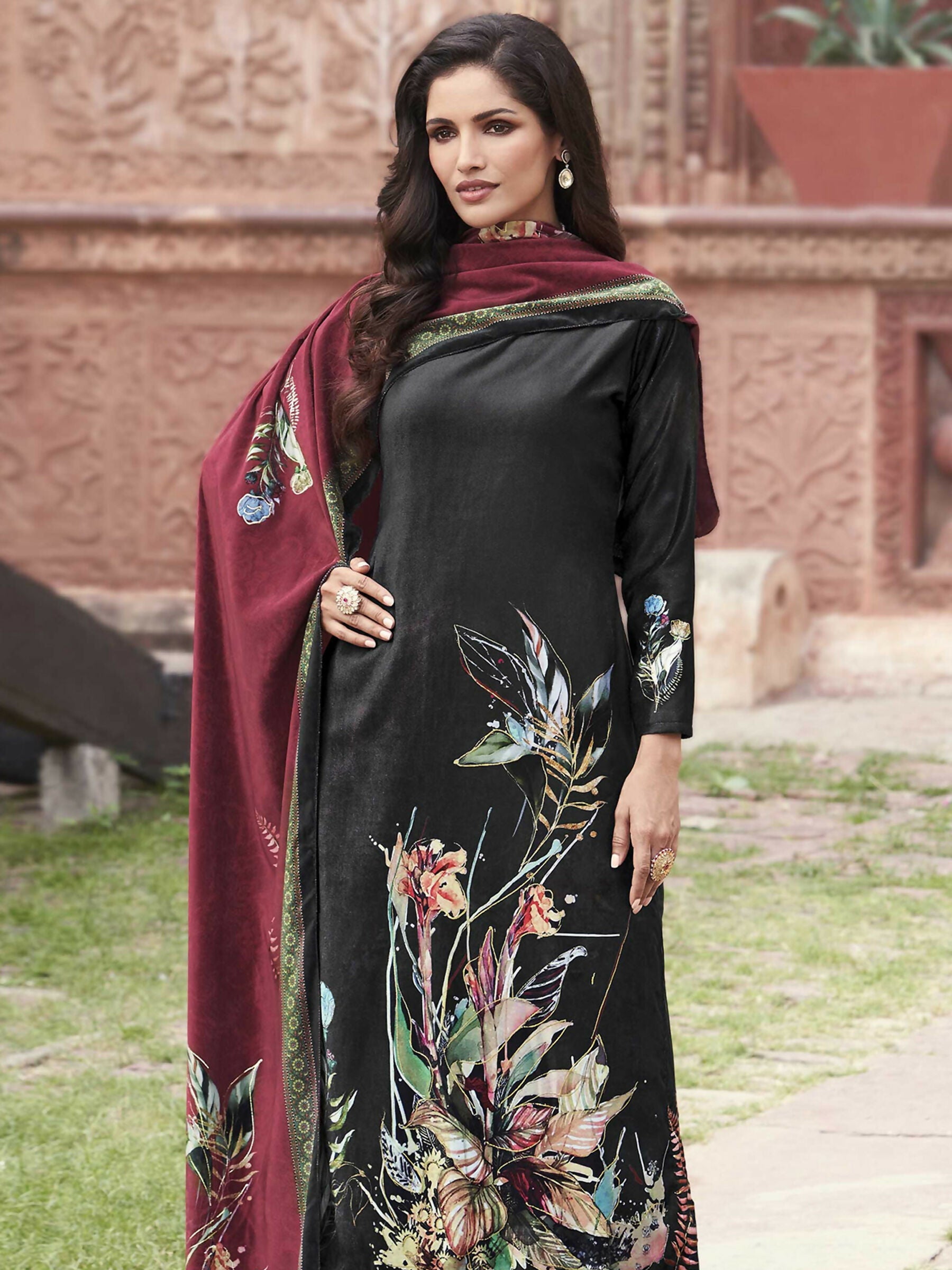 Jyoti Fashion Women's Black Velvet Floral Digital Printed Kurta with Trouser & Dupatta