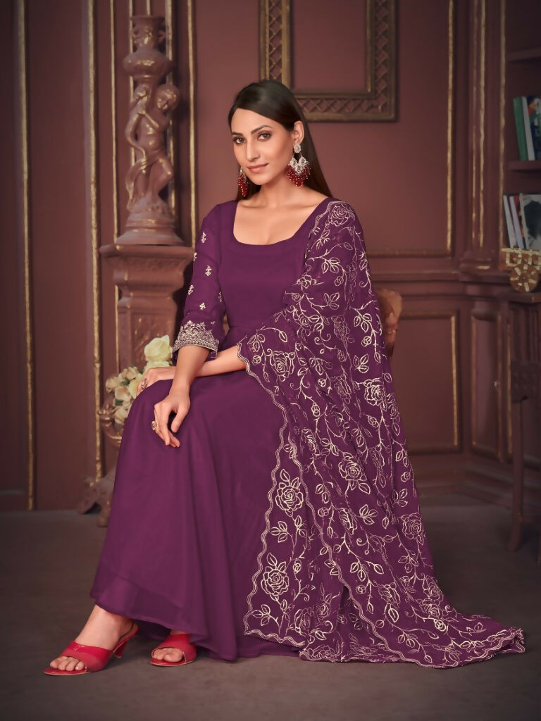 Jyoti Fashion Women's Purple Georgette Embroidered Anarkali Kurta Pant Set With Dupatta