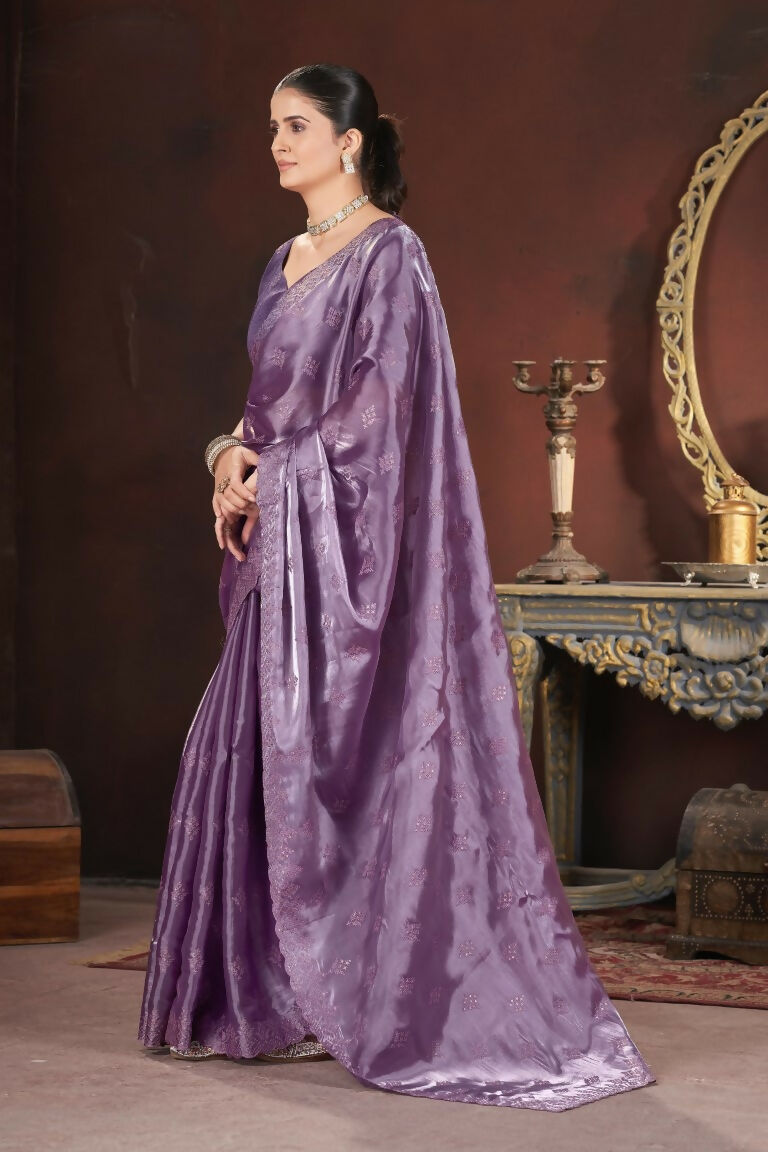 Vastranavya Lavender Jimmy Choo Silk 3mm Sequence work with Cross Stitch Embroidery work & Cutwork Border Saree
