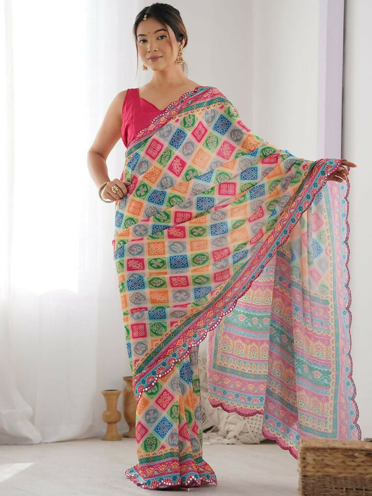 PR Fashion Multi Georgette Digital Print With Mirror Work Saree