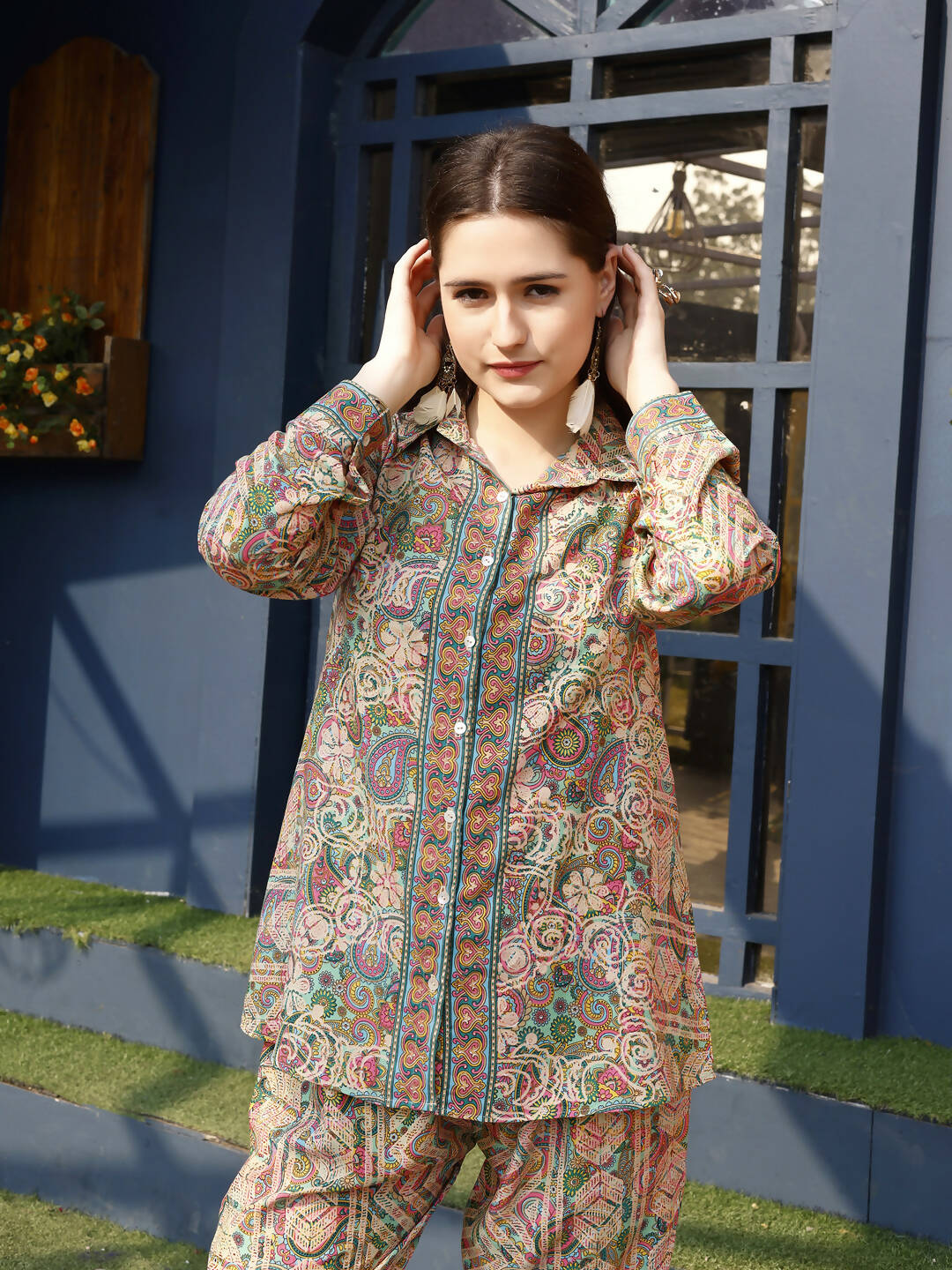 Orange & Green Rayon Paisley & Floral Printed Top with Matching Bottom - Eesha
