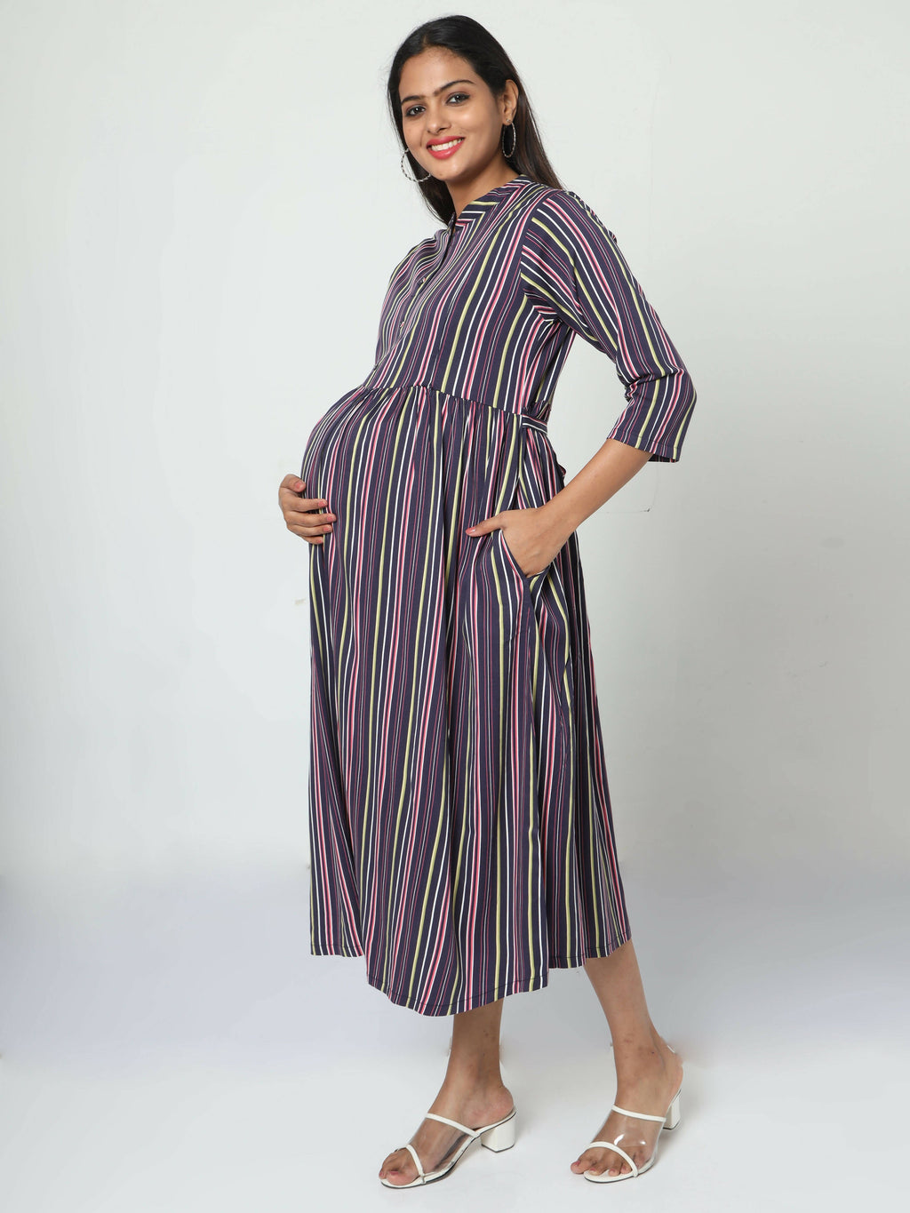 Manet Three Fourth Maternity Dress With Concealed Zipper Nursing Access - Navy Blue