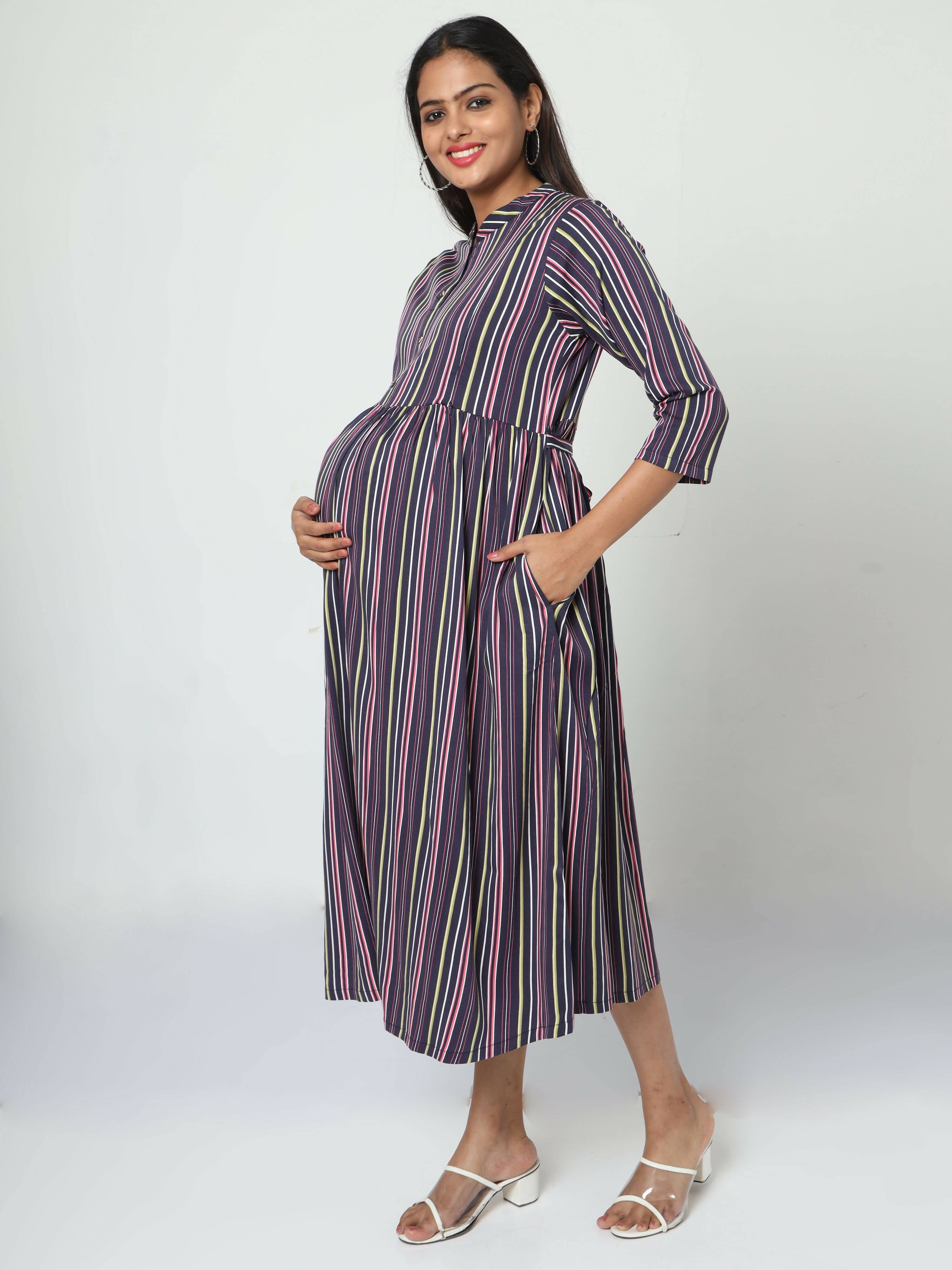 Manet Three Fourth Maternity Dress With Concealed Zipper Nursing Access - Navy Blue