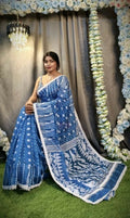 Exclusive Collection Beautiful Peacock Blue Jaal Jamdani Saree