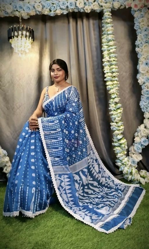 Exclusive Collection Beautiful Peacock Blue Jaal Jamdani Saree