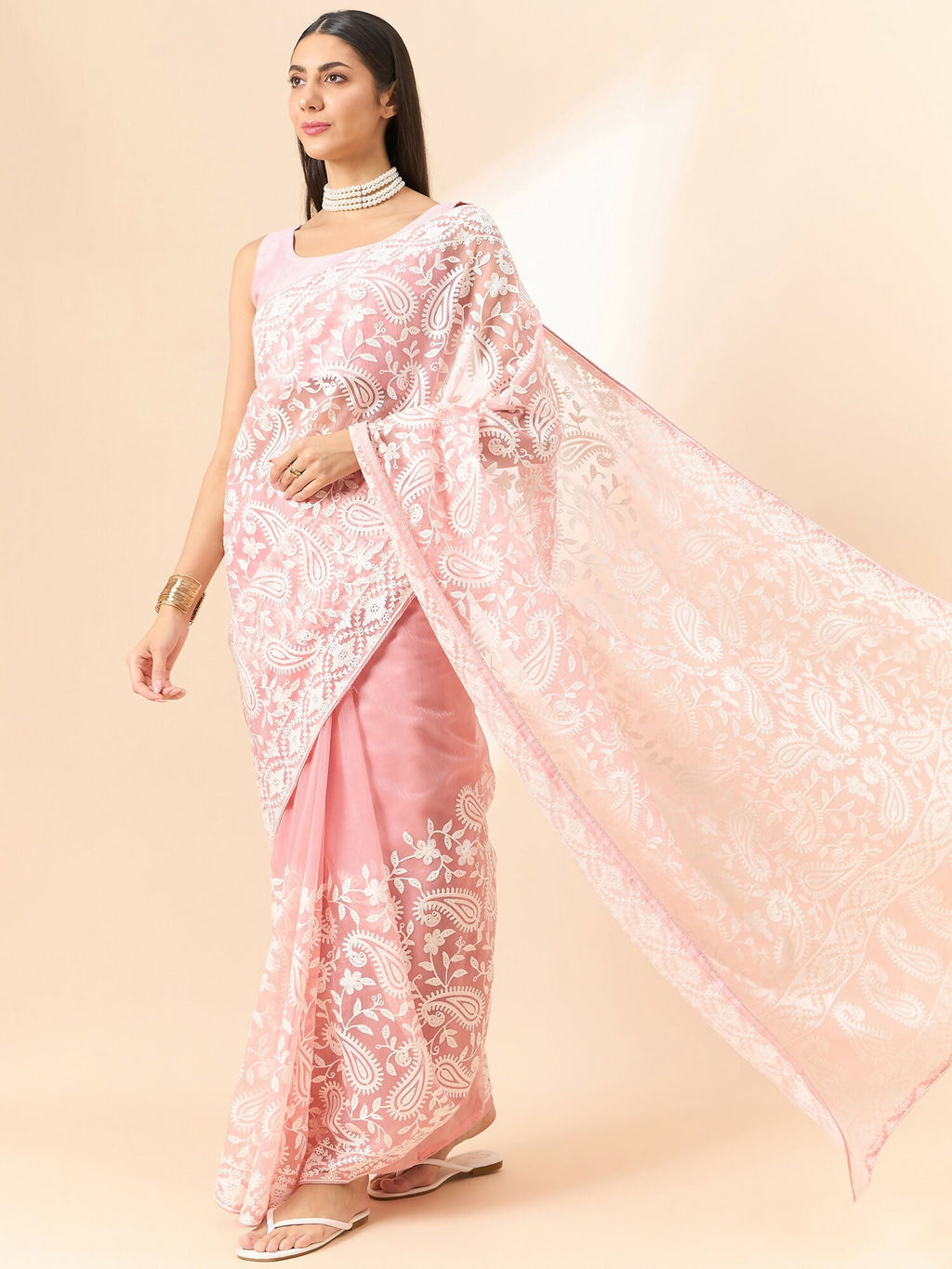 Pink Organza Paisely Embroidered Saree with Unstitched Blouse Piece - Roozal