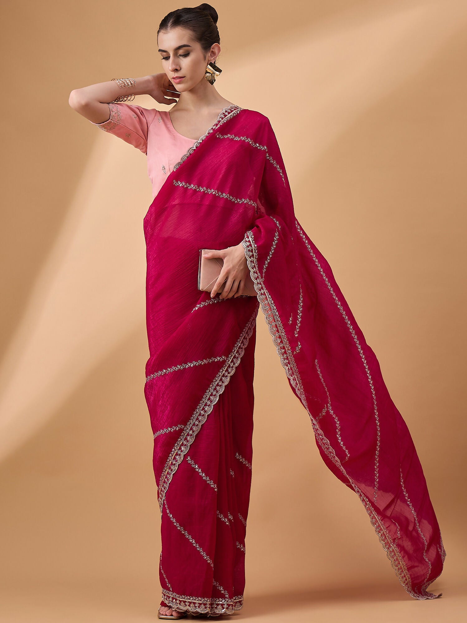 Pink Muslin Embroidered Saree with Unstitched Blouse Piece - Satya