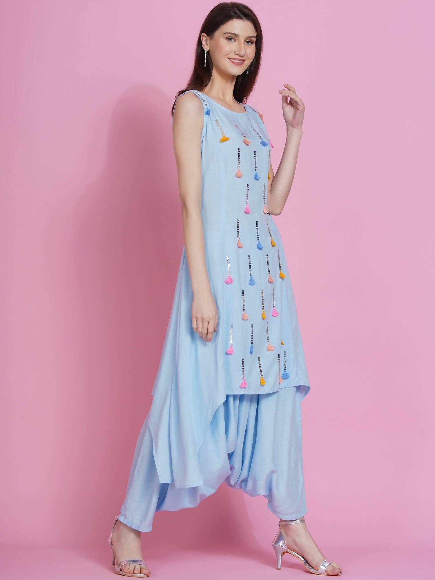 Women Republic Powder Blue Hand Embellished Kurta With Harem Pants