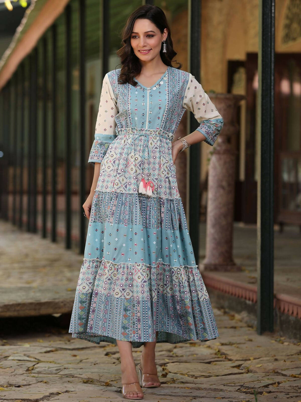Juniper Women's Blue Cotton Cambric Geometric Printed Tiered Maxi Dress