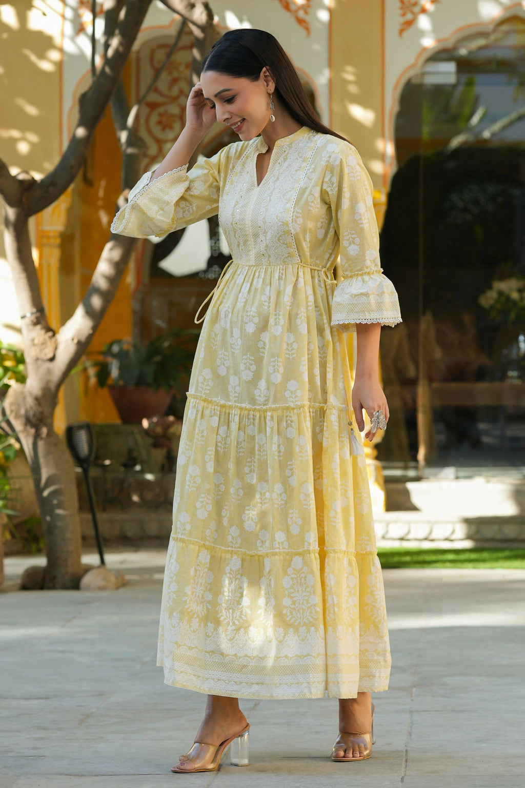 Juniper Women's Lemon Yellow Printed Teired Dress