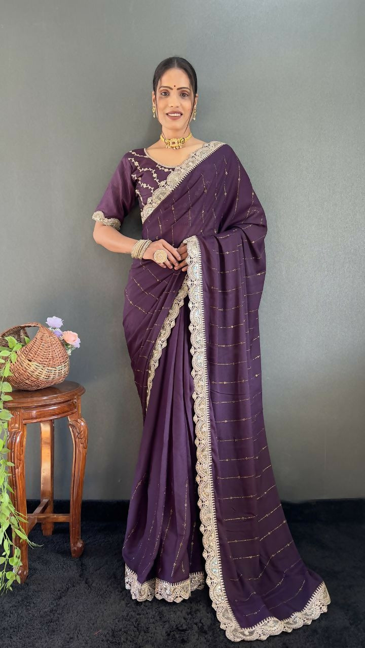 Vastranavya Purple Georgette Silk Swarovski & Heavy Lace Work Ready to Wear Saree