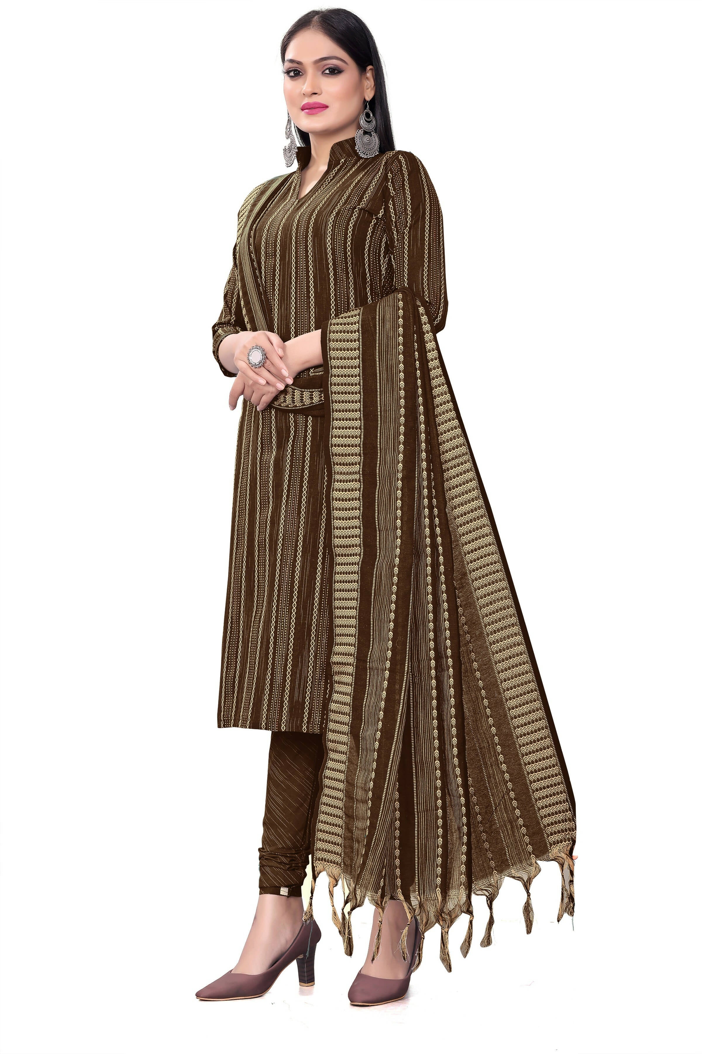 Brown Cotton Jacquard Woven Unstitched Dress Material - Tanvi