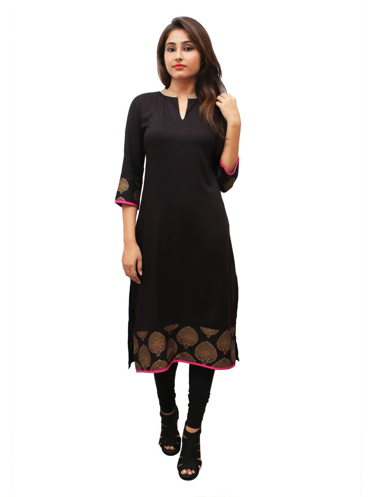 Women's Black Contrast Gold Print, V Nk Slit - G & A Apparels