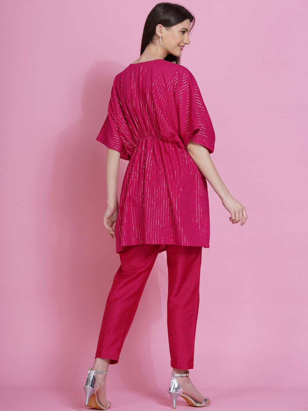 Women Republic Pink Lurex Cotton Kaftan Style Kurta With Pants