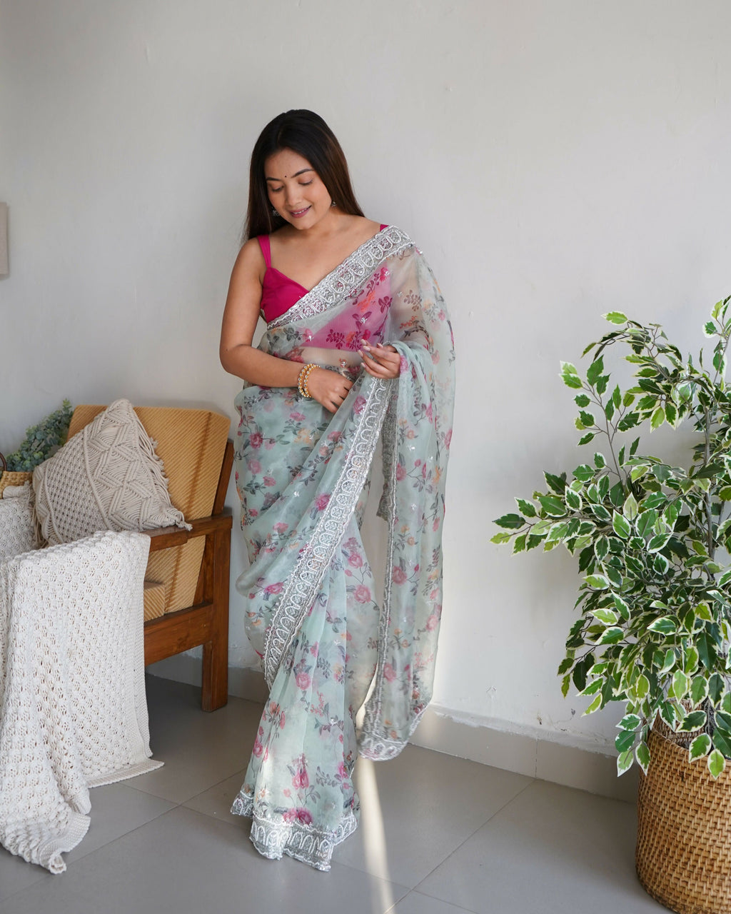 Vamsee Ferry Green Organza Saree