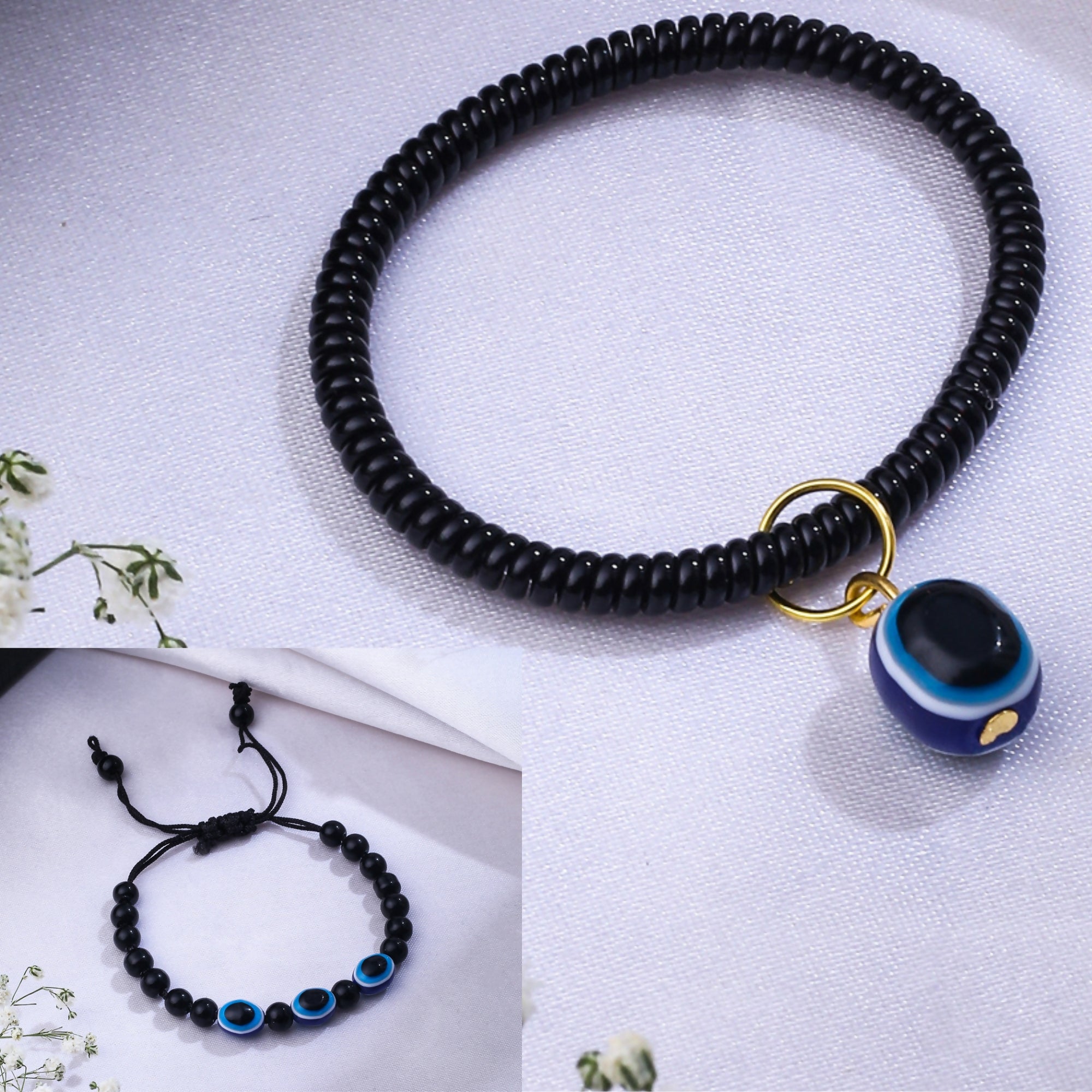 NVR Set of 2 Black Evil Eye Bracelet for Men's & Women