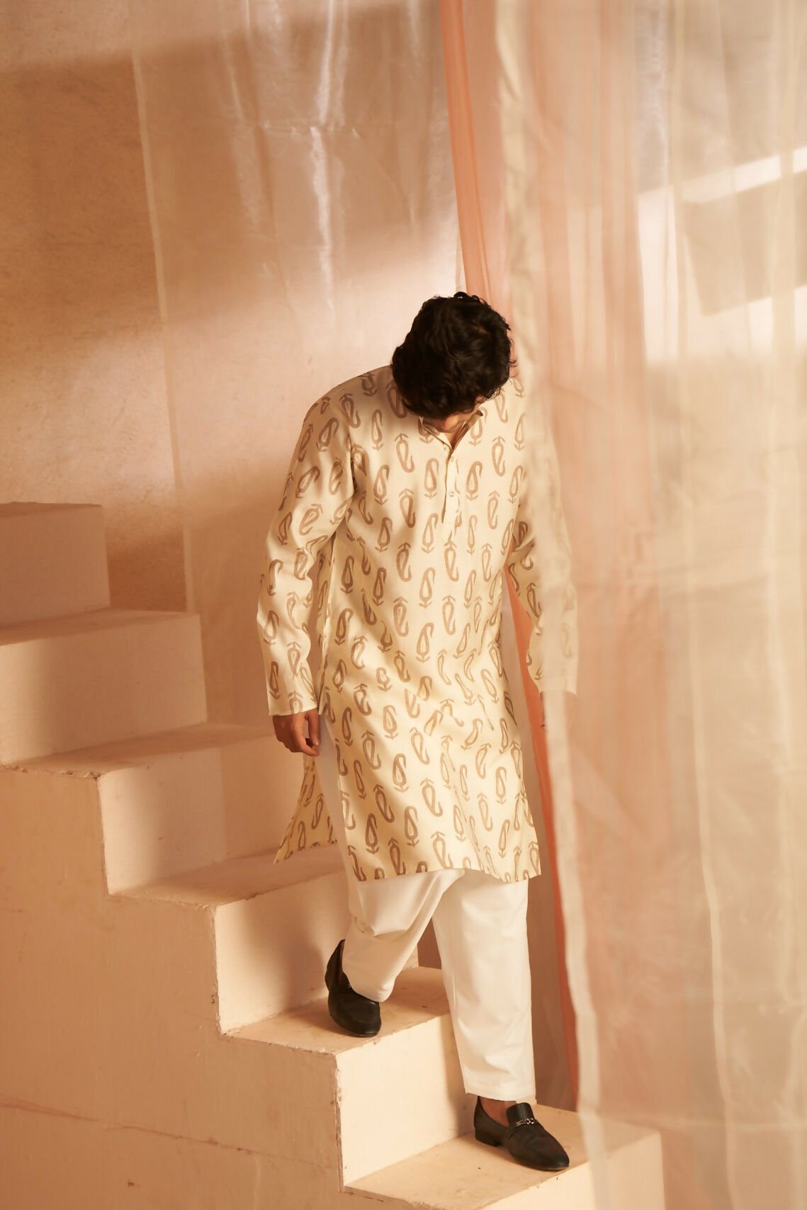 Off White Modal Silk Designer Printed Men's Kurta Set - Mahotsav