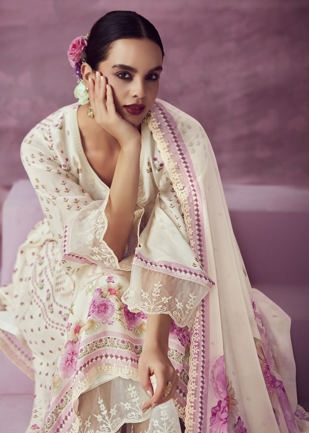 Ivory & Pink Muslin Cotton Printed Trendy Salwar Kurta Set - Emponline