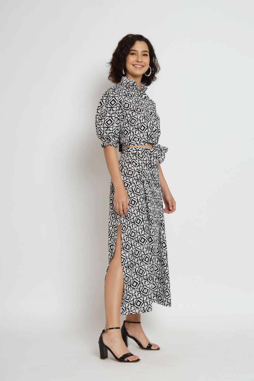 White Crepe Geometric Printed Top with Matching Skirt - Shivani