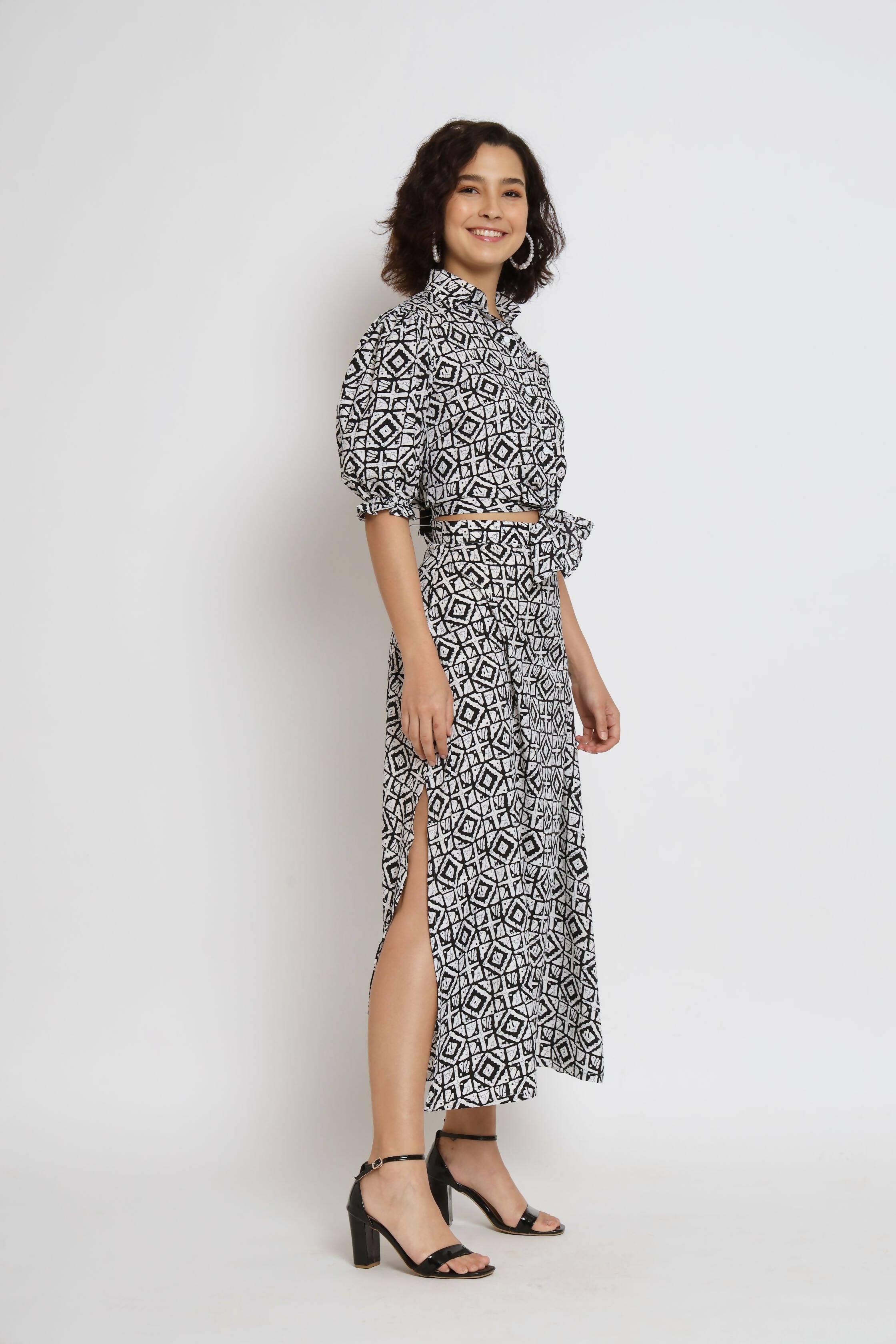 White Crepe Geometric Printed Top with Matching Skirt - Shivani