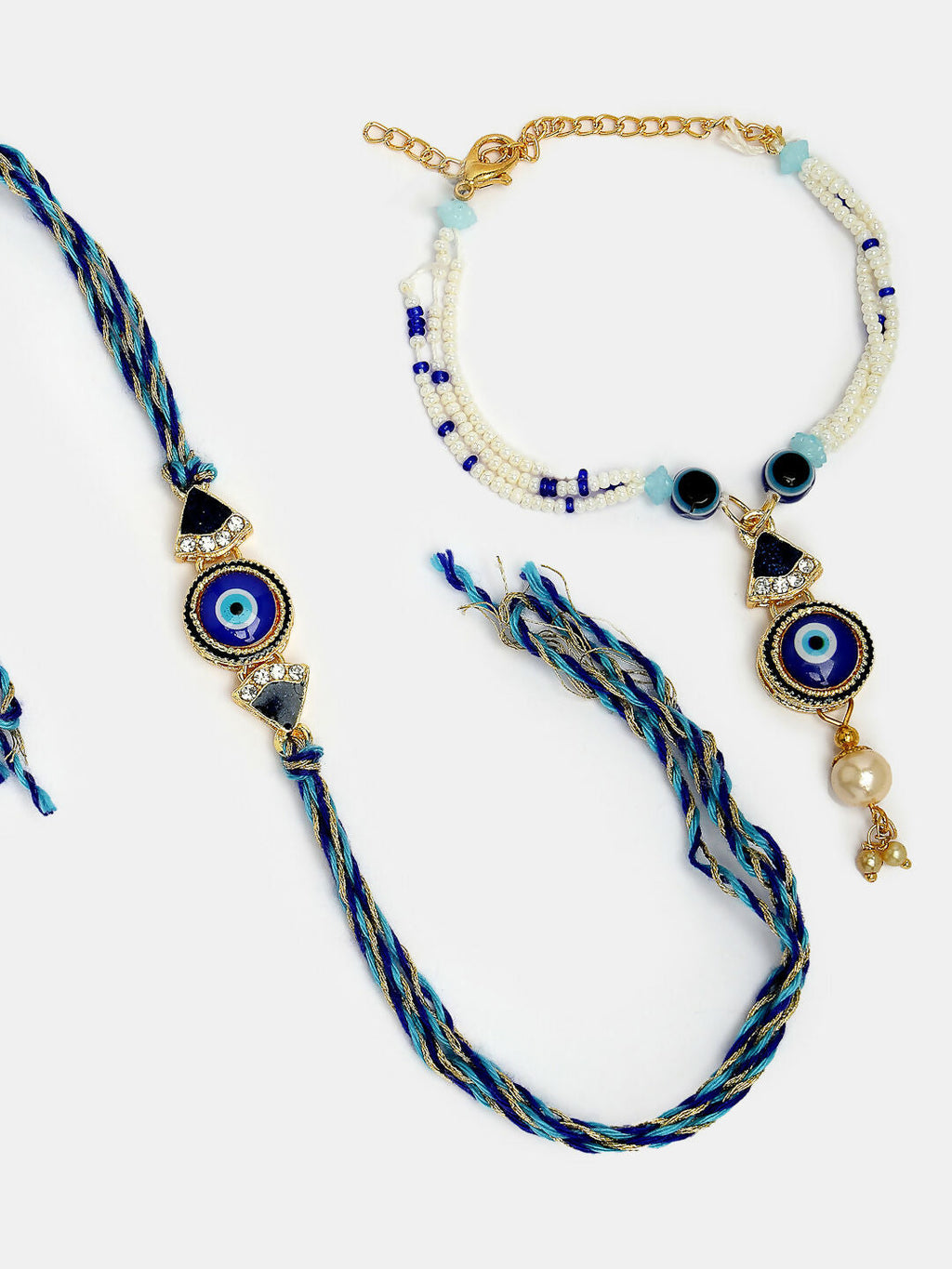 NVR Women & Men Set of 2 Blue Evil Eye Bhaiya Bhabhi Rakhi With Roli Chawal & Chocolate