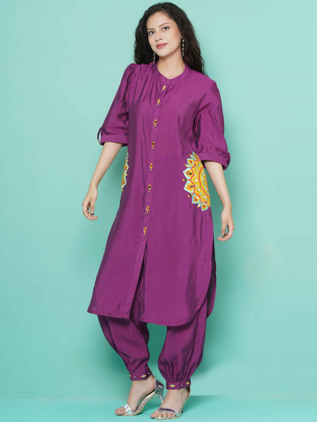 Women Republic Purple Art Silk Embroidered Kurta with Afghani Salwar