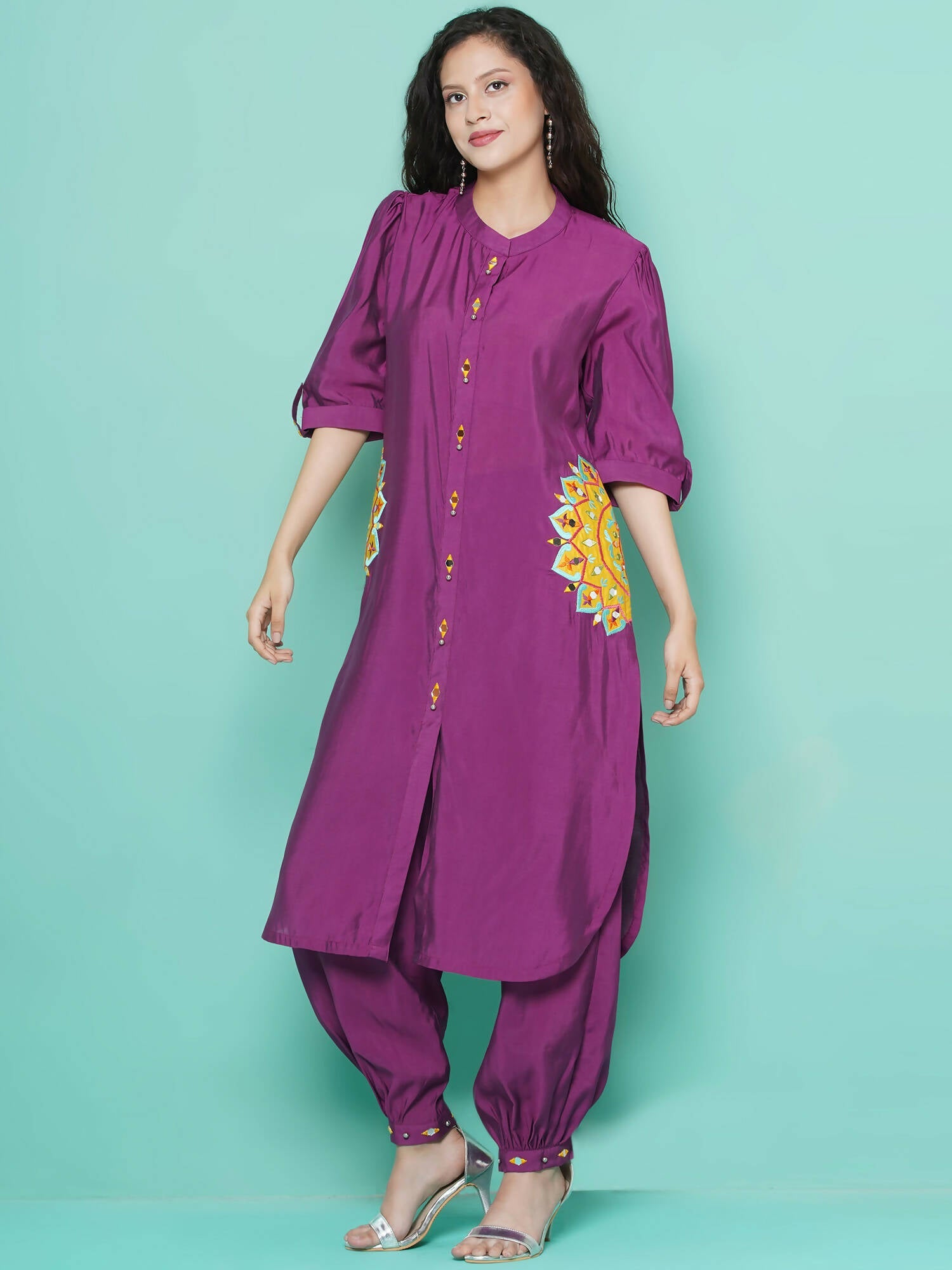 Women Republic Purple Art Silk Embroidered Kurta with Afghani Salwar