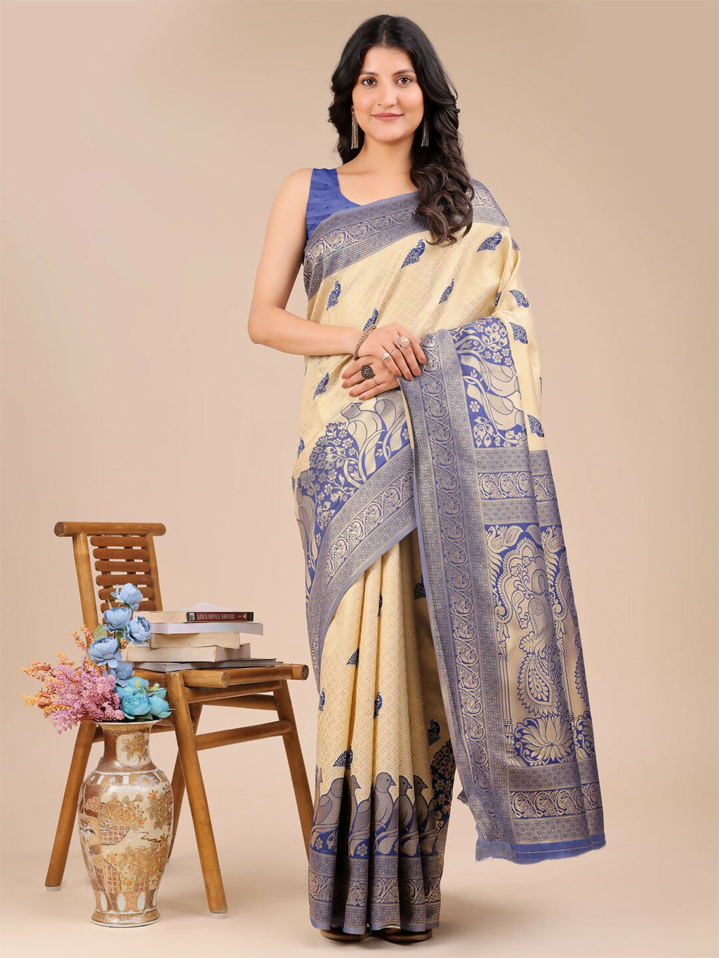 Shree Shyam Fashion Banarasi Silk Cream & Navy Blue Saree