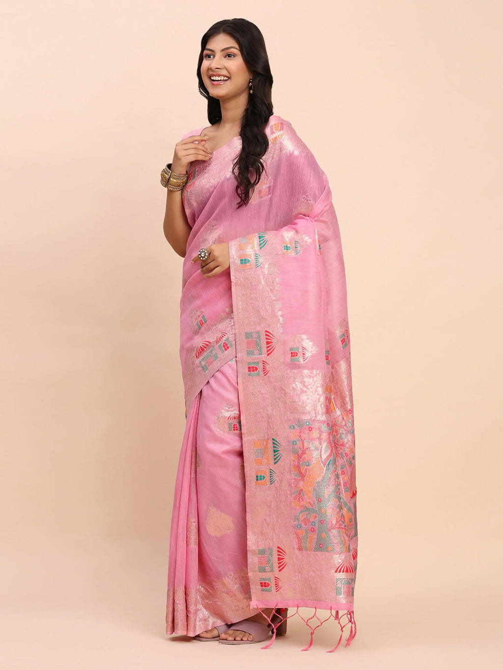 Shree Shyam Fashion Linen Cotton Pink Saree